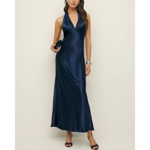 Reformation Daniela Silk Maxi Dress 4 NEW Navy Sleeveless V-Cut Halter Satin NWT - Picture 1 of 7